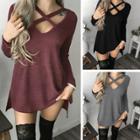 Oasap Solid Color Long Sleeve V Neck Hollow Out Tee Shirt