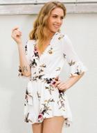 Oasap V Neck Floral Printed Tie Waist Romper