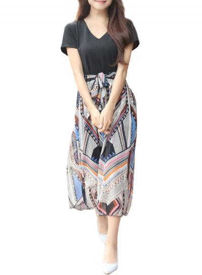 Oasap Women's Chevron Print V Neck Tie Waist Combo Dress