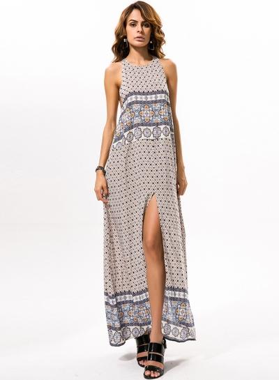 Oasap Boho Sleeveless Backless Print Slit Maxi Dress