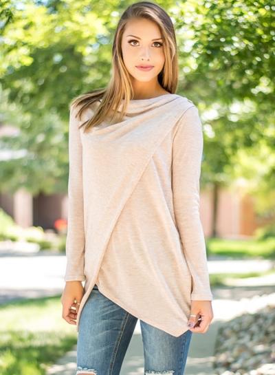 Oasap Round Neck Long Sleeve Solid Color Asymmetric Design Tee Shirt