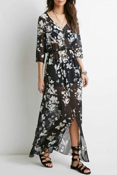 Oasap Fashion Sheer Floral Print Three Quarter Sleeve Maxi Dress