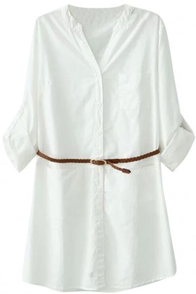 Oasap Solid White Long Button Down Shirt