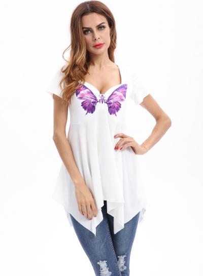 Oasap V Neck Short Sleeve Butterfly Print Irregular Mini Dress