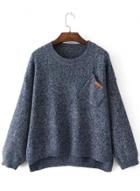 Oasap Round Neck Long Sleeve Solid Color Pocket Decoration Sweater