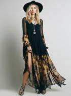 Oasap V Neck Long Sleeve Floral Printed Asymmetric Design Dress