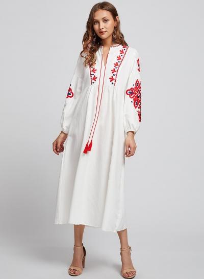 Oasap V Neck Lantern Sleeve Embroidery Dresses