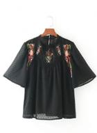 Oasap Round Neck Flare Sleeve Floral Embroidery Sheer Blouse