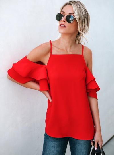 Oasap Fashion Sexy Solid Spaghetti Strap Flounce Sleeve Square Blouse