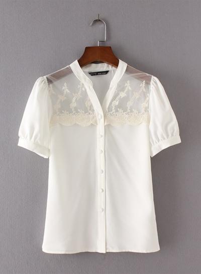 Oasap V Neck Lace Panel Shirt