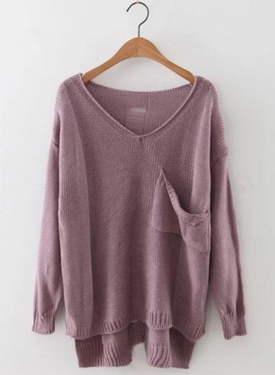 Oasap Long Sleeve V Neck High Low Hem Pullover Sweater