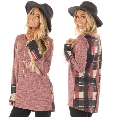 Oasap Round Neck Long Sleeve Plaid Splicing Tee Shirt