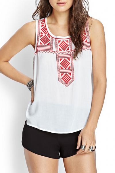 Oasap Fashion Geo-print Embroidery Sleeveless Round Neck Top