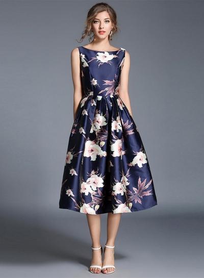 Oasap Backless Flowers Print Swing Dress