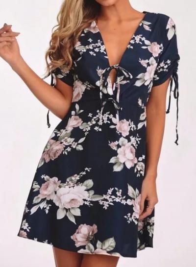 Oasap Fashion Sexy Loose Floral Printed Lace-up Short Sleeve V Neck Women Dress