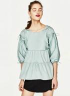Oasap Solid Color Boat Neck Ruffled Blouse With Drawstring Cuff