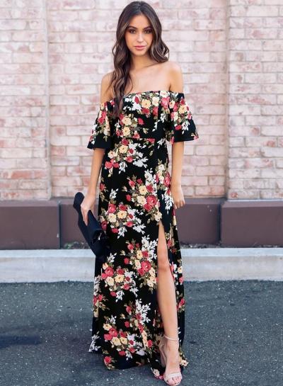 Oasap Fashion Sexy Floral Printed Slash Neck Elastic Waist Slit Maxi Dress
