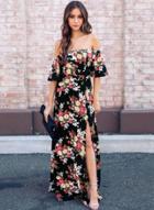 Oasap Fashion Sexy Floral Printed Slash Neck Elastic Waist Slit Maxi Dress