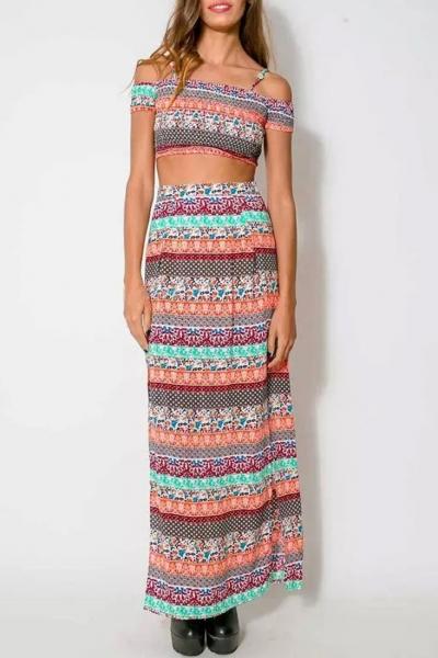 Oasap Vintage Printed Off-shoulder Slit Skirt Set