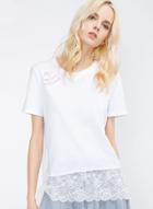 Oasap Round Neck Pullover Lace Stitching Tee Shirt
