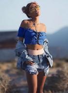 Oasap Off Shoulder Short Sleeve Lace-up Denim Crop Top