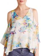 Oasap Women's Fashion Print V Neck Cold Shoulder 3/4 Sleeve Top