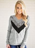 Oasap V Neck Long Sleeve Color Block Sequin Tee Shirt