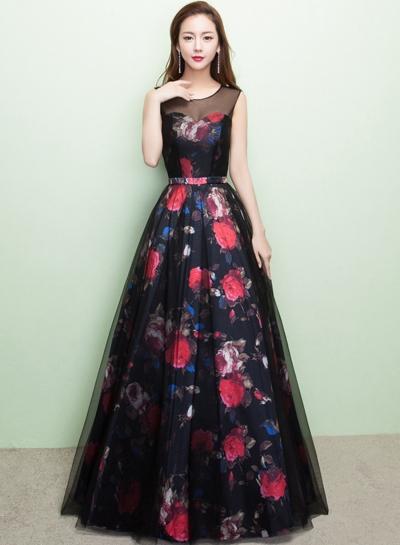 Oasap Elegant Sleeveless Floral Maxi Prom Dress