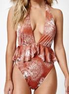 Oasap Halter V Neck One Piece Ruffle Swimsuit