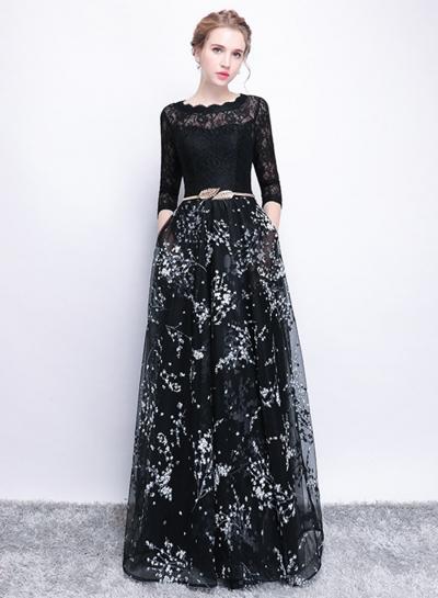 Oasap Round Neck Long Sleeve Lace Splicing Maxi Prom Dress