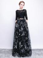 Oasap Round Neck Long Sleeve Lace Splicing Maxi Prom Dress