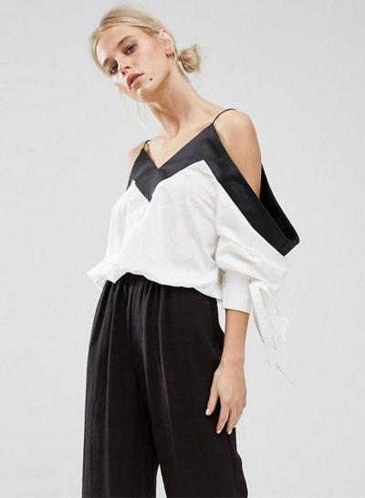 Oasap V Neck Off Shoulder Long Sleeve Color Block Blouse