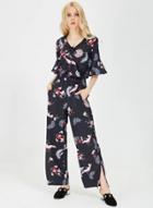 Oasap V Neck Half Sleeve Print Slit Pocket Wide Leg Jumpsuit