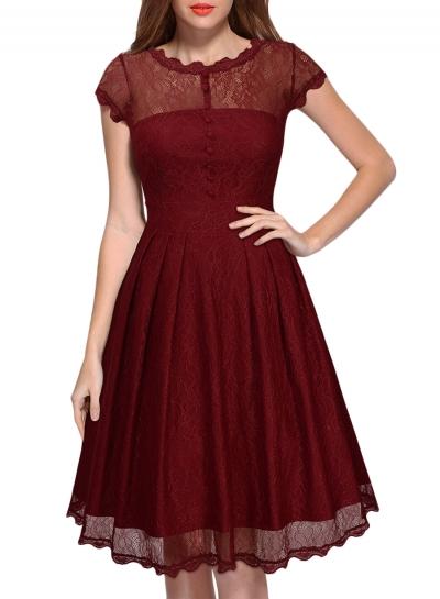 Oasap Women's Floral Lace Trim Scalloped A-line Dress