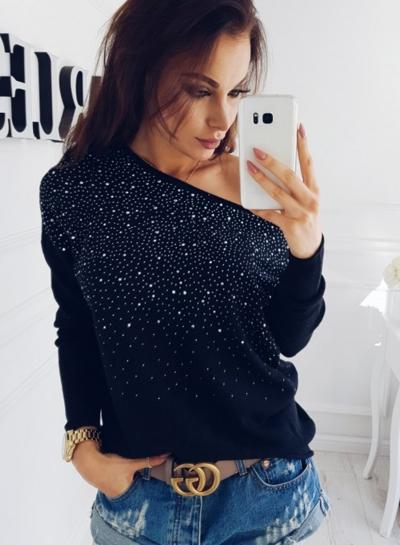 Oasap Fashion Round Neck Long Sleeve Rhinestone Tee Shirt