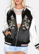 Oasap Women's Fashion Floral Embroidery Bomber Jacket