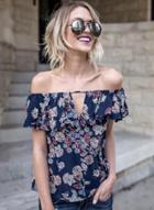 Oasap Off Shoulder Ruffle Floral Pullover Blouse