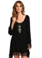Oasap Loose Long Sleeve Tassel Chiffon Solid Midi Dresses