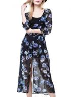 Oasap Women's Fashion V-neck Floral Print Front Slit Midi Dress