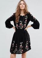 Oasap Casual 3/4 Sleeve Floral Embroidery A-line Pleated Dress