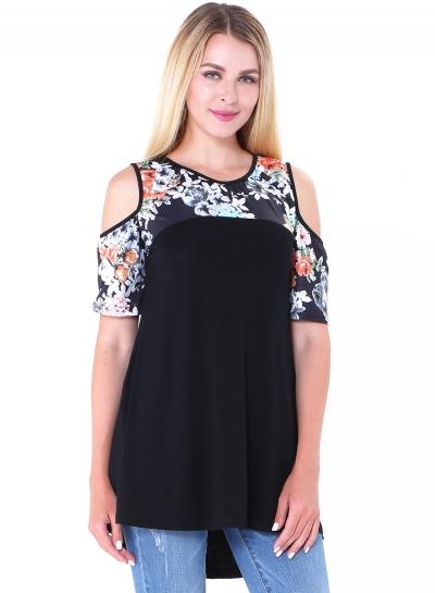 Oasap Off Shoulder Round Neck Floral Printed Tee Shirt