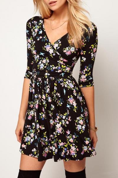 Oasap Sweet Floral Print Faux Wrap Half Sleeve Trapeze Dress