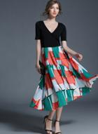 Oasap V Neck Short Sleeve Print A-line Dress