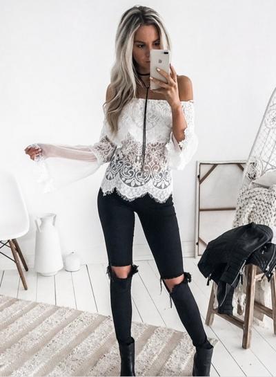 Oasap Off Shoulder Flare Sleeve Hollow Out Lace Blouse