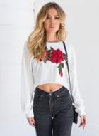 Oasap Fashion Long Sleeve Floral Embroidery Crop Top