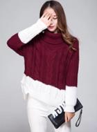 Oasap High Neck Color Block High Low Slit Pullover Sweater