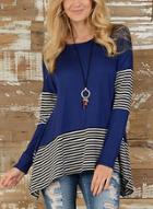 Oasap Round Neck Long Sleeve Striped Splicing Asymmetric Design Tee Shirt
