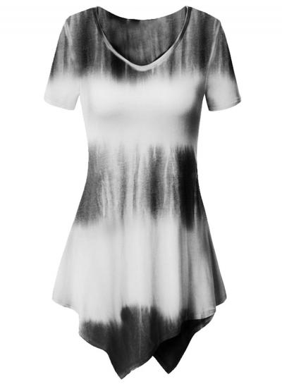 Oasap V Neck Short Sleeve Color Block Loose Fit Irregular Tee