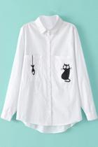 Oasap Cat And Fish White Button Down Shirt
