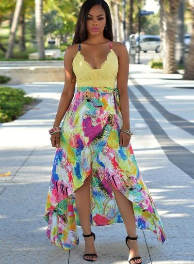 Oasap Boho Printed Lace Spicing Spaghetti Strap V Neck High Waist Maxi Dress